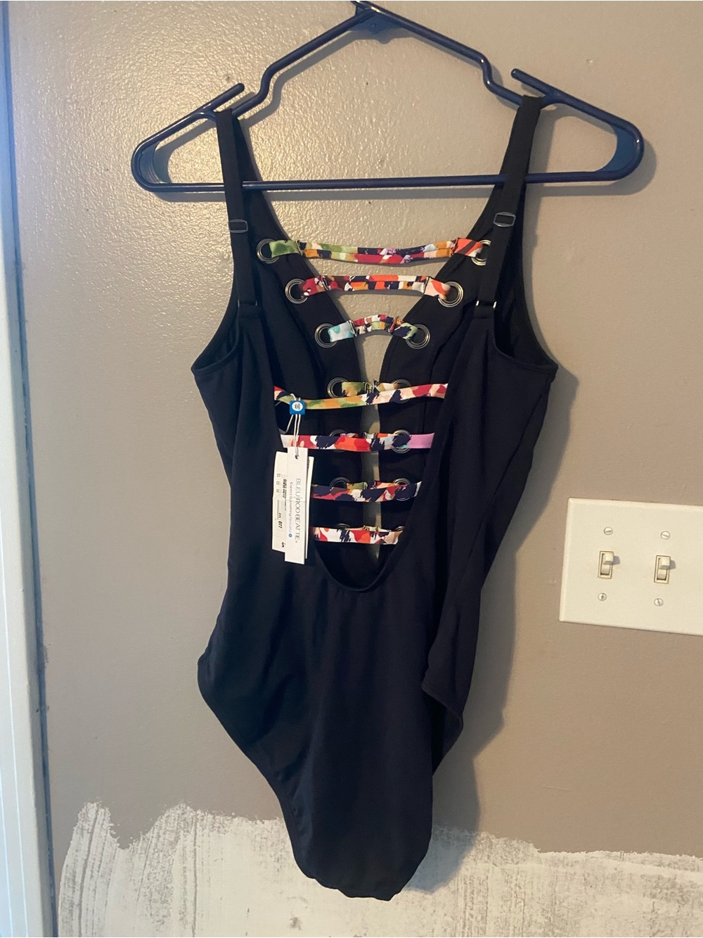 Bleu Rod Beattie Black One-Piece with Multicolor Ladder Straps